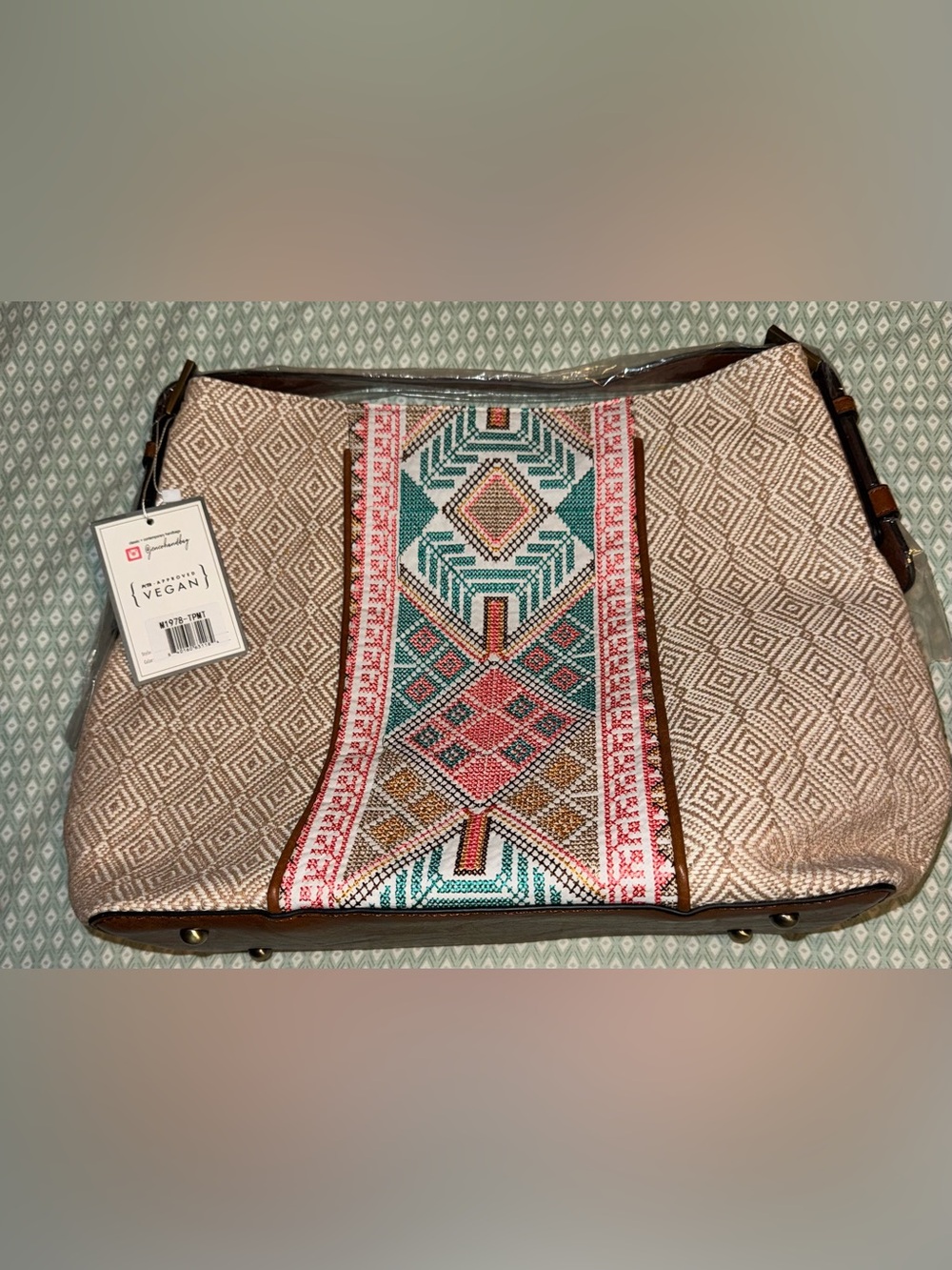 NWT Jen & Co Boho Woven Vegan Leather Tote Shoulder Bag Aztec Tribal Beige